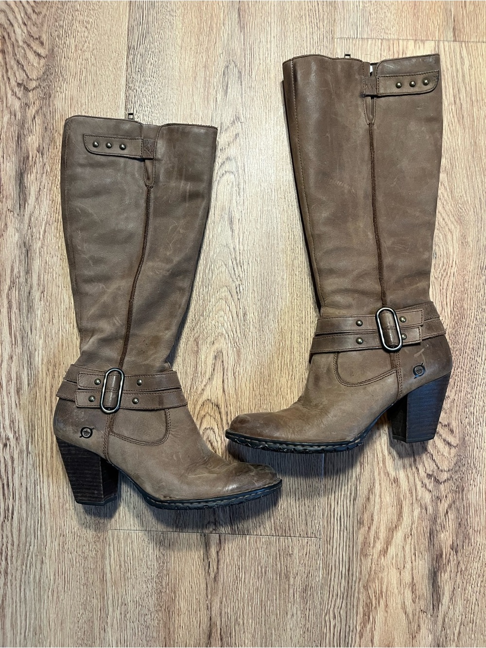 Born Women's Brown leather High Calf Buckle Block-Heel Boots